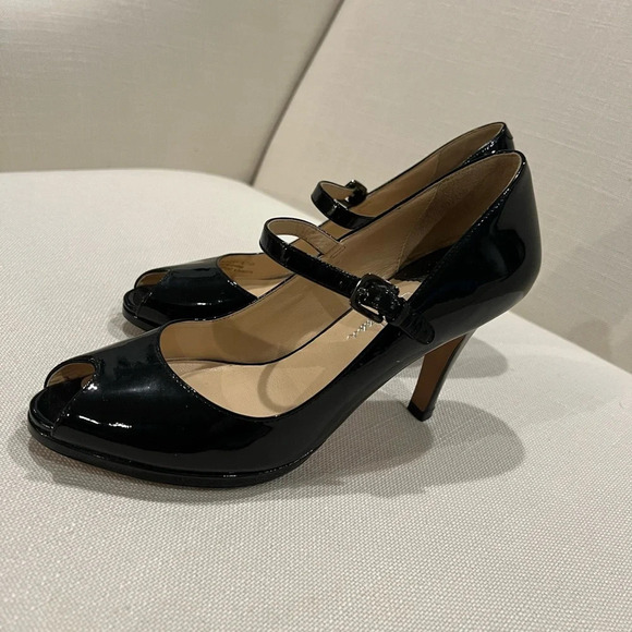 Cole Haan Women Patent Black MaryJane Peep Toe size 7.5 Preowned - Picture 3 of 8